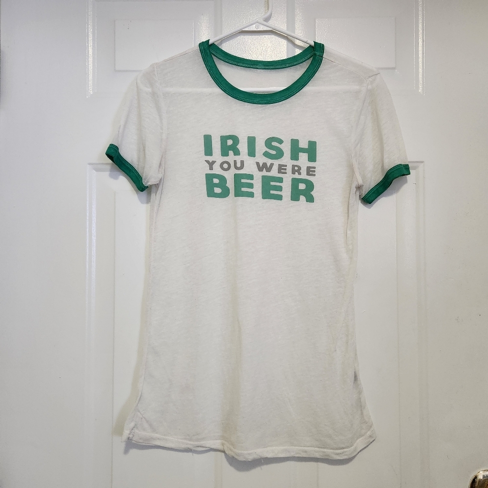 🔥White Tissue Tee Graphic Green Print 'Irish You Were Beer' Size Small